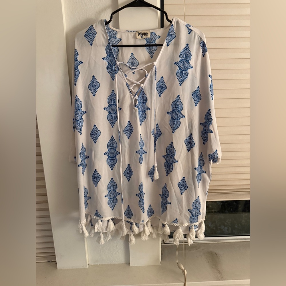 Blue and White Patterned Cover up Tunic with Tassels